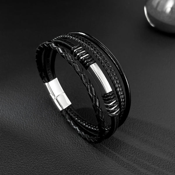 Men’s Multi-Layer Leather Bracelet with Titanium Stainless Steel Clasp – Braided & Smooth Black Bands, Magnetic Closure, Stylish Cuff Jewelry for Men-Men's Bracelet-SunnyHouse Jewelry