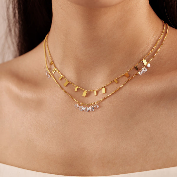Women’s Layered Pendant Necklace – Gold Plated Titanium Stainless Steel with Crystal Charms and Bar Accents – Dainty Hypoallergenic Double Chain Jewelry-Women's Necklace-SunnyHouse Jewelry