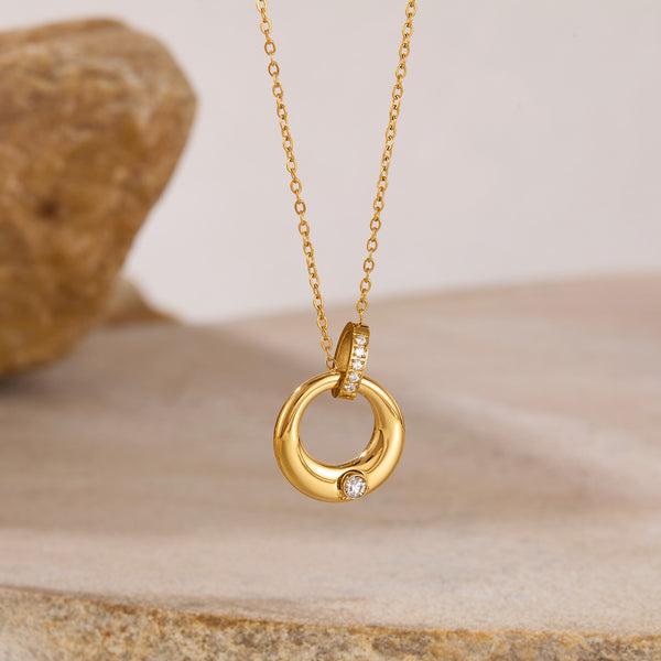 Women’s Titanium Stainless Steel Circle Pendant Necklace – Gold Plated with Cubic Zirconia – Elegant Round Charm Necklace – Hypoallergenic & Tarnish Resistant Jewelry-Women's Necklace-SunnyHouse Jewelry