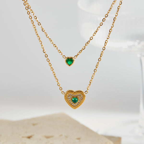 Women's Titanium Stainless Steel Double Layer Heart Pendant Necklace, Gold-Plated with Green Crystal Accents – Fashion Jewelry for Casual and Special Occasions-Women's Necklace-SunnyHouse Jewelry