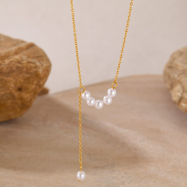Women’s Y-Shaped Pearl Pendant Necklace – Gold Plated Titanium Stainless Steel Chain – Elegant Drop Design – Dainty Hypoallergenic Jewelry for Women-Women's Necklace-SunnyHouse Jewelry
