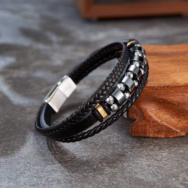Men's Stylish Leather and Stainless Steel Beaded Bracelet – Secure Magnetic Clasp, Ideal for Daily Wear-Men's Bracelet-SunnyHouse Jewelry