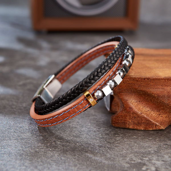 Men's Leather and Stainless Steel Bracelet – Dual Tone with Orange Stitching and Beaded Accents, Magnetic Clasp-Men's Bracelet-SunnyHouse Jewelry