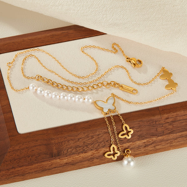 Elegant Women's Butterfly and Pearl Pendant Necklace - Gold Chain Jewelry with Lariat Design-Women's Necklace-SunnyHouse Jewelry