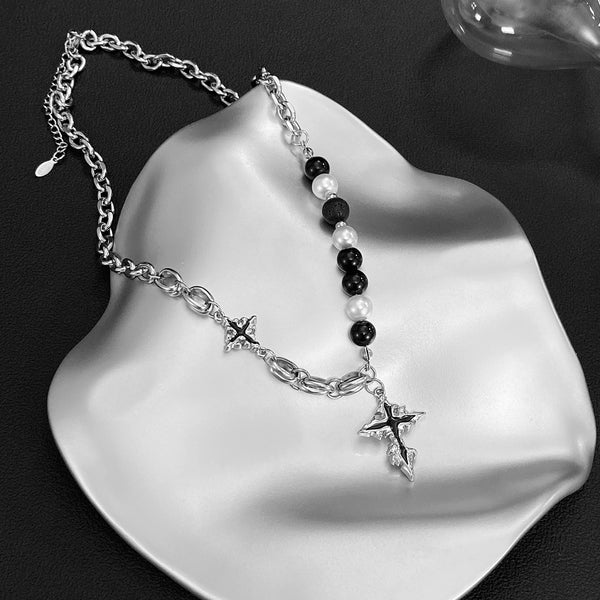 Women’s Titanium Stainless Steel Cross Pendant Necklace, Gothic-Inspired with Black and White Pearl Beads – Unique Fashion Statement Necklace-Women's Necklace-SunnyHouse Jewelry
