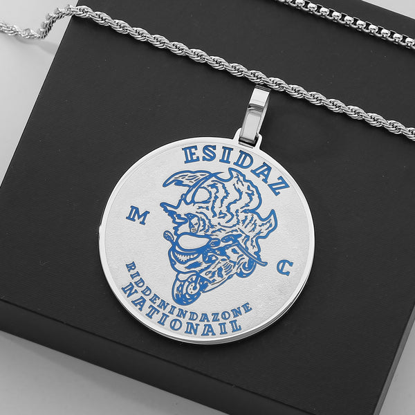 Men’s Titanium Stainless Steel Pendant Necklace – Circular Medallion Design with Engraved Blue Pattern – Durable Fashion Necklace for Men-Men's Pendant Necklace-SunnyHouse Jewelry