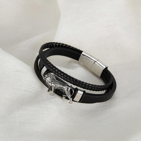Bold Men's Leather and Stainless Steel Lion Head Bracelet - Stylish and Masculine Accessory-Men's Bracelet-SunnyHouse Jewelry