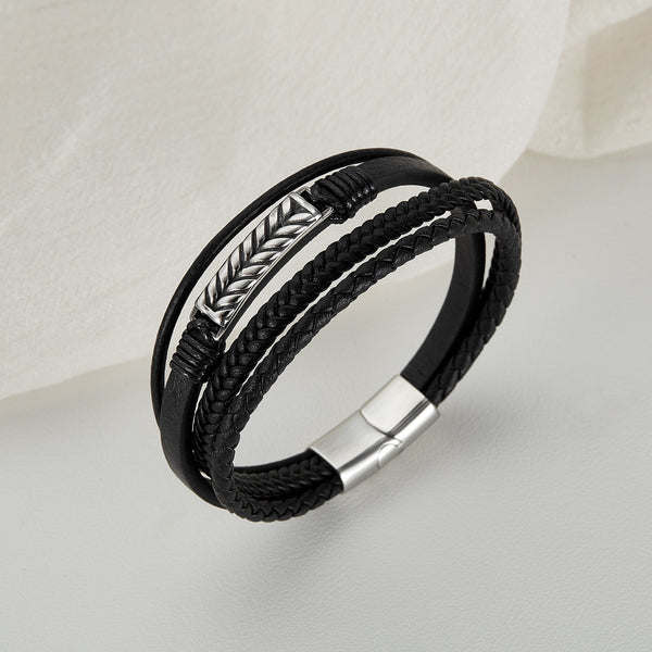 Men's Multi-Strand Leather Bracelet with Stainless Steel Arrow Detail - Stylish and Versatile Accessory-Men's Bracelet-SunnyHouse Jewelry