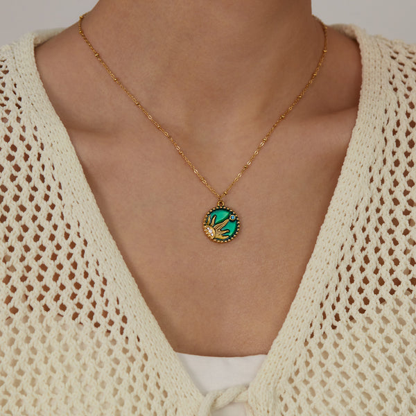 Women's Titanium Stainless Steel Sun and Moon Pendant Necklace with Green Enamel and Cubic Zirconia – Gold-Plated Chain – Hypoallergenic & Tarnish Resistant-Women's Necklace-SunnyHouse Jewelry