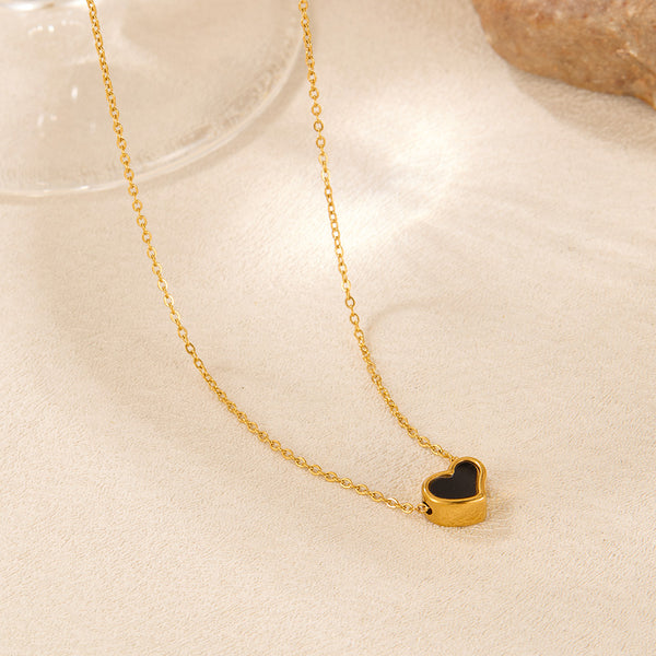 Women’s Titanium Stainless Steel Heart Pendant Necklace – Gold-Plated Chain with Black Enamel, Hypoallergenic & Fade-Resistant Romantic Jewelry-Women's Necklace-SunnyHouse Jewelry