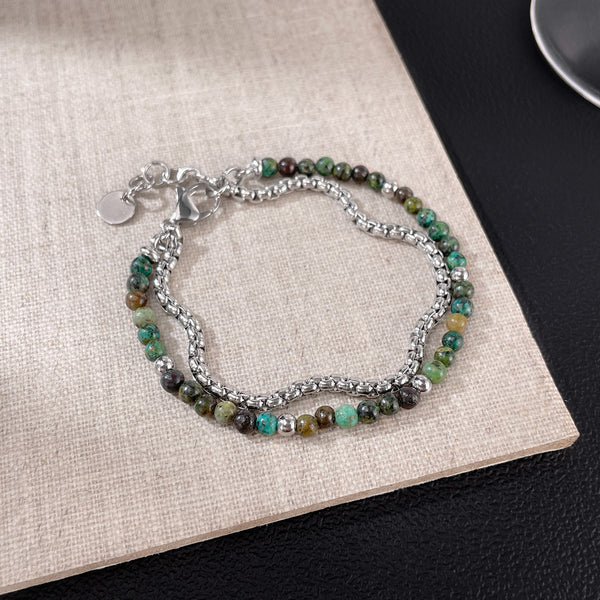 Men’s Tiger Eye Beaded Bracelet with Stainless Steel Chain – Dual Strand Adjustable Bracelet with Lobster Clasp – Natural Stone & Steel Jewelry for Men-Men's Bracelet-SunnyHouse Jewelry