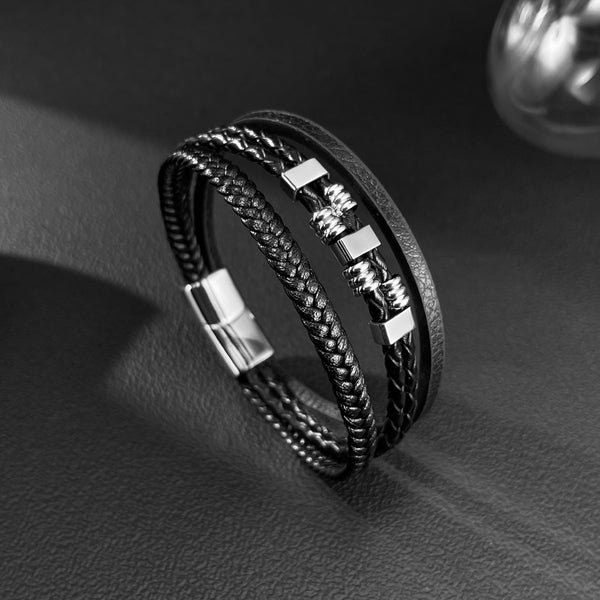 Men’s Titanium Stainless Steel Leather Bracelet – Multi-Strand Black Braided and Flat Leather Band – Magnetic Clasp Wristband for Men – Durable & Stylish Gift-Men's Bracelet-SunnyHouse Jewelry