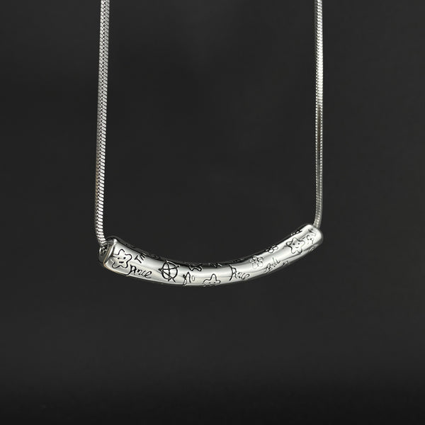 Women’s Lucky Bar Pendant Necklace – Silver Engraved Floral Design, Minimalist Fashion Jewelry for Women, Durable Everyday Necklace-Women's Necklace-SunnyHouse Jewelry