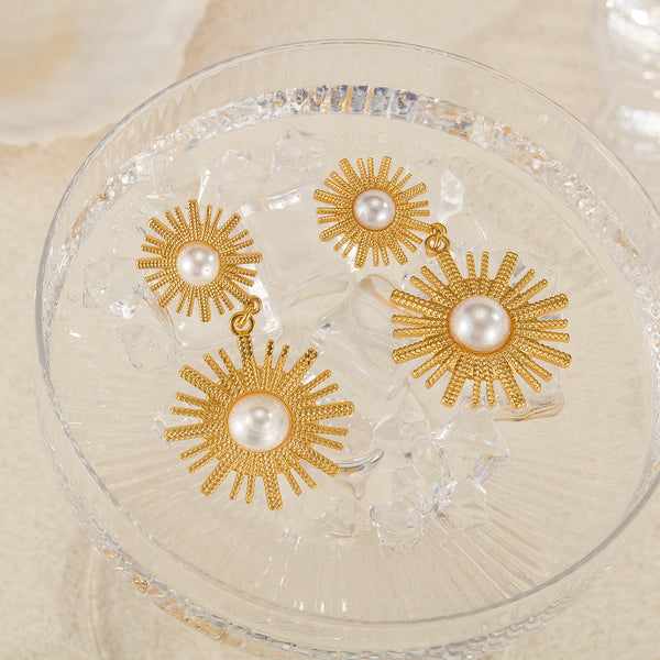 Women’s Gold Sunburst Pearl Drop Earrings – Elegant Double Sun Statement Earrings with Simulated Pearl, Fashion Jewelry for Women and Girls-Women's Earrings-SunnyHouse Jewelry