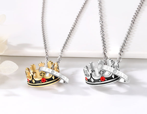 Couple Titanium Stainless Steel Crown Pendant Necklaces – Matching His & Hers King Queen Necklaces with Engraved Rings, Romantic Couple Jewelry for Anniversary, Valentine’s Day, Birthday Gift-Couple Pendant Necklace-SunnyHouse Jewelry