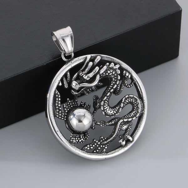 Men’s Titanium Stainless Steel Dragon Pendant Necklace – Intricate Circular Dragon Design – Durable and Stylish Necklace for Men-Men's Pendant Necklace-SunnyHouse Jewelry