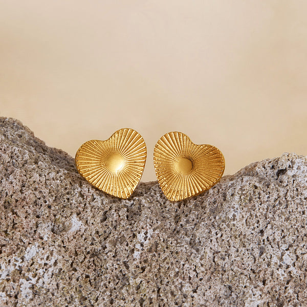 Women's Radiant Gold Heart Stud Earrings - Sunburst Design for Elegant Charm-Women's Earrings-SunnyHouse Jewelry