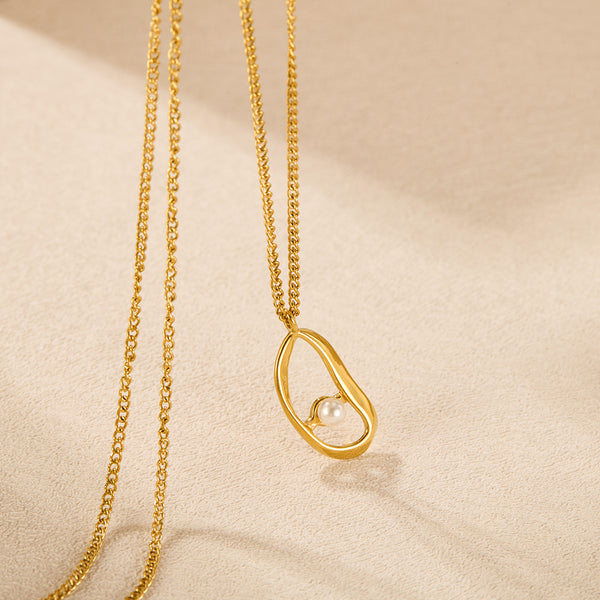 Women’s Titanium Stainless Steel Pearl Pendant Necklace – Gold-Plated Abstract Oval Charm, Hypoallergenic Modern Jewelry for Everyday & Special Occasions-Women's Necklace-SunnyHouse Jewelry