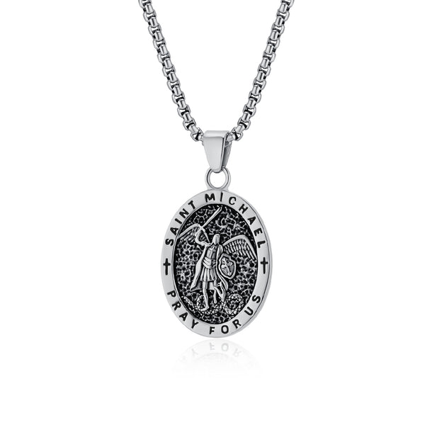 Saint Michael Pendant Necklace for Men, Oval Necklace, Religious Protection Medal, Christian Jewelry, Hypoallergenic & Durable Chain-Men's Pendant Necklace-SunnyHouse Jewelry