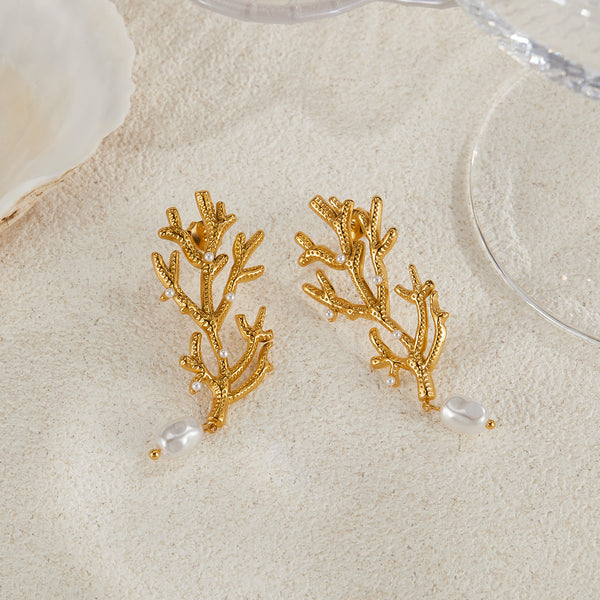 Women’s Gold Coral Pearl Drop Earrings – Ocean-Inspired Statement Earrings with Simulated Pearls, Elegant Dangle Jewelry for Women and Girls-Women's Earrings-SunnyHouse Jewelry