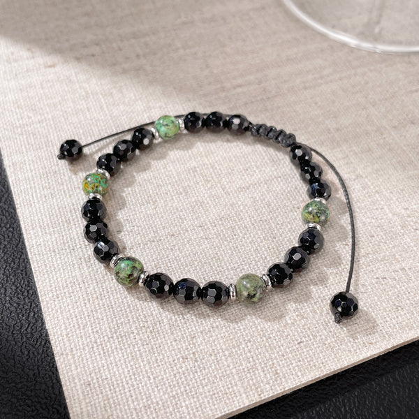 Men’s Beaded Bracelet – Adjustable Black Faceted Beads with Green Natural Stone Accents – Handmade Braided Cord, Stylish and Comfortable Jewelry for Men-Men's Bracelet-SunnyHouse Jewelry