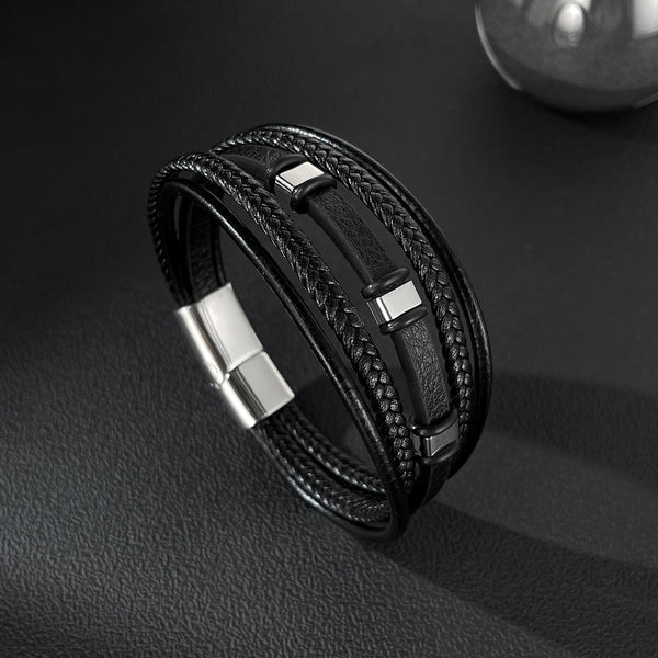 Men’s Multi-Strand Leather Bracelet – Titanium Stainless Steel Magnetic Clasp – Black Braided and Smooth Leather Wrap Bracelet for Men-Men's Bracelet-SunnyHouse Jewelry
