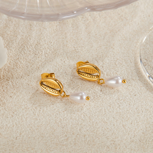 Women’s Gold Cowrie Shell Pearl Drop Earrings – Elegant Seashell Dangle Earrings with Simulated Pearls, Ocean-Inspired Jewelry for Women and Girls-Women's Earrings-SunnyHouse Jewelry