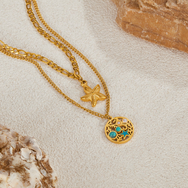 Women’s Fashion Pendant Necklace – Double Layer Gold Starfish & Ocean Round Pendant with Turquoise Inlay – Beach Jewelry for Women-Women's Necklace-SunnyHouse Jewelry