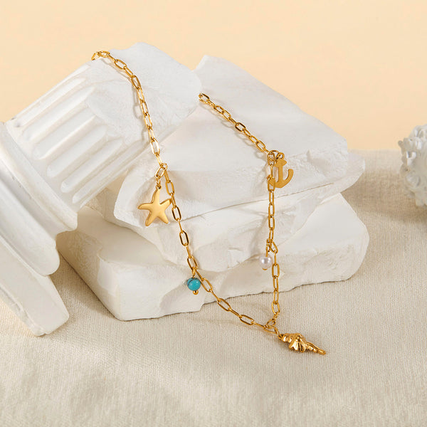 Women’s Titanium Stainless Steel Nautical Charm Pendant Necklace, Gold-Plated with Anchor, Shell, and Pearl Charms – Trendy Jewelry for Everyday Wear-Women's Necklace-SunnyHouse Jewelry