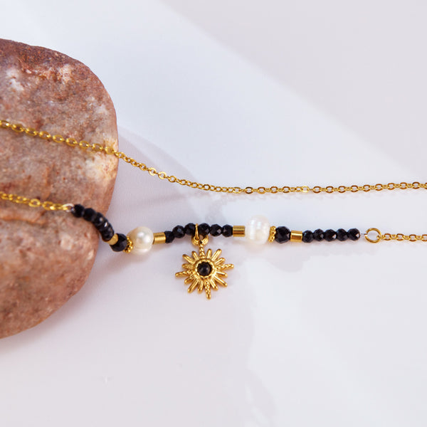 Elegant Women's Black Bead and Pearl Pendant Necklace with Gold Sunburst Charm – Versatile, Fashionable Accessory-Women's Necklace-SunnyHouse Jewelry