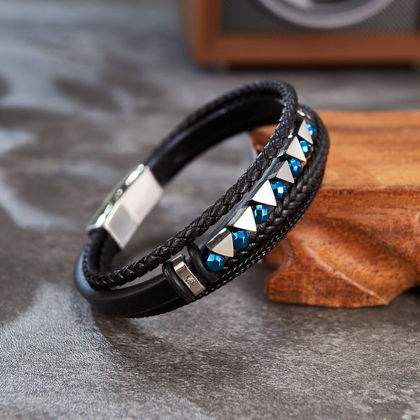 Men's Leather Bracelet with Blue Crystal Accents – Elegant Multi-Strand Design, Secure Magnetic Clasp-Men's Bracelet-SunnyHouse Jewelry