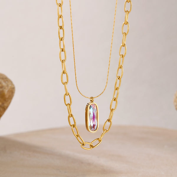Women’s Layered Pendant Necklace – Gold Plated Titanium Stainless Steel – Double Chain Design with Iridescent Crystal Charm – Elegant Hypoallergenic Jewelry-Women's Necklace-SunnyHouse Jewelry