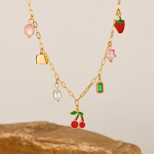 Women’s Titanium Stainless Steel Charm Pendant Necklace – Colorful Cherry, Pearl & Strawberry Dangle Charms – Gold Plated Playful Statement Necklace – Hypoallergenic & Durable-Women's Necklace-SunnyHouse Jewelry