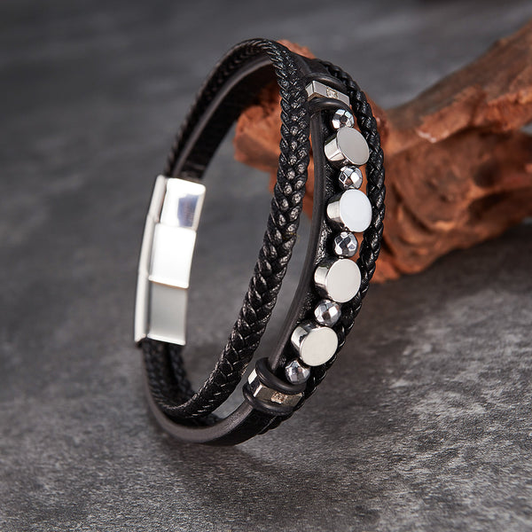 Men's Multi-Strand Leather Bracelet with Stainless Steel Discs – Modern Design, Magnetic Clasp-Men's Bracelet-SunnyHouse Jewelry