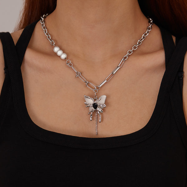 Women’s Butterfly Pendant Necklace with Pearls – Silver Chain Jewelry with Black Heart Crystal, Gothic Punk Style-Women's Necklace-SunnyHouse Jewelry