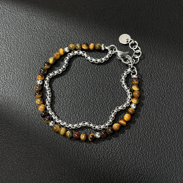 Titanium Stainless Steel & Tiger‑Eye Bead Double‑Chain Bracelet for Women – Adjustable 6.5″‑8.5″ Layered Hypoallergenic & Tarnish‑Resistant Jewelry Gift-Women's Bangle-SunnyHouse Jewelry