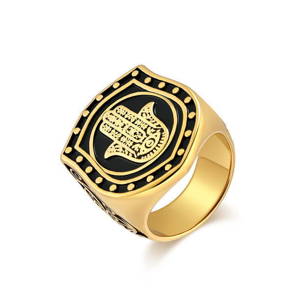 Men's Gold Titanium Stainless Steel Hamsa Hand Ring - Eye of Protection Engraved Vintage Signet Ring for Strength and Style-Men's Ring-SunnyHouse Jewelry