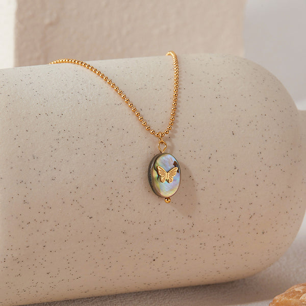 Women’s Titanium Stainless Steel Butterfly Pendant Necklace with Abalone Shell Inlay, Gold-Plated Hypoallergenic Adjustable Chain, Elegant Jewelry for Women and Girls-Women's Necklace-SunnyHouse Jewelry