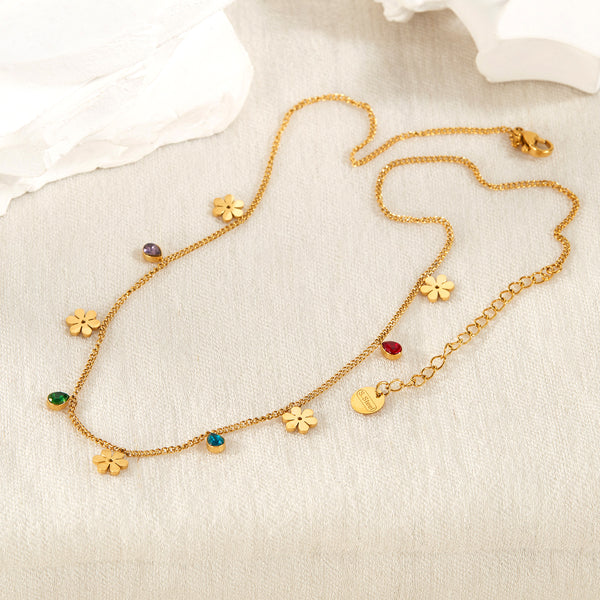 Women's Titanium Stainless Steel Flower and Gemstone Charm Necklace – Gold-Plated Chain – Hypoallergenic & Tarnish Resistant-Women's Necklace-SunnyHouse Jewelry