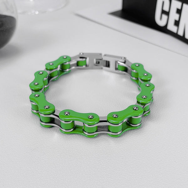 Men’s Titanium Stainless Steel Harley Bike Chain Bracelet – Green Link Punk Style Biker Jewelry, Durable and Adjustable Wristband for Men-Men's Bracelet-SunnyHouse Jewelry