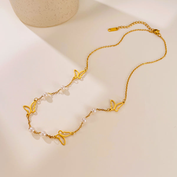 Women’s Butterfly Pendant Necklace – Gold Plated Titanium Stainless Steel with Faux Pearls – Dainty Hypoallergenic Chain Necklace – Elegant Nature-Inspired Jewelry-Women's Necklace-SunnyHouse Jewelry