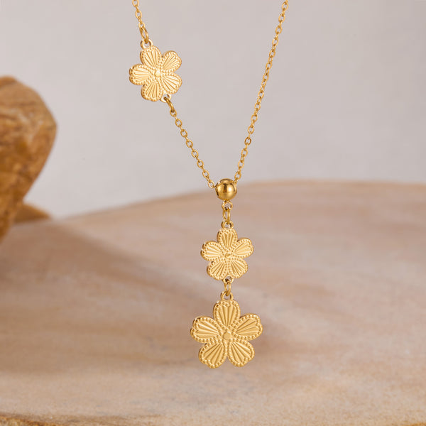 Women’s Floral Pendant Necklace – Gold Plated Titanium Stainless Steel – Triple Flower Drop Design – Elegant Hypoallergenic Jewelry for Women-Women's Necklace-SunnyHouse Jewelry