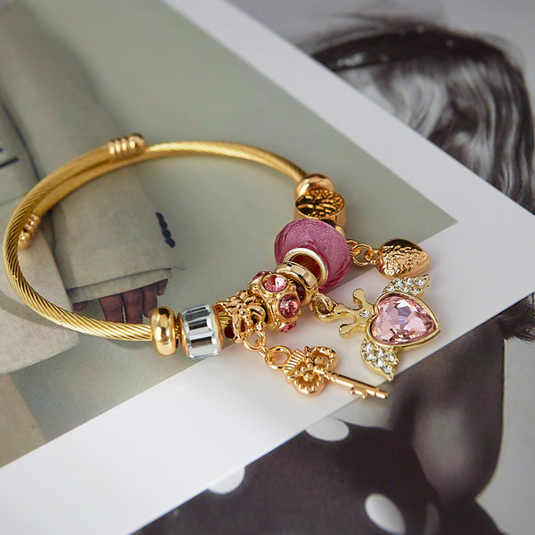 Gold Charm Bracelet for Women with Pink Heart and Key Charms - Elegant and Stylish Jewelry for Any Occasion-Women's Bangle-SunnyHouse Jewelry