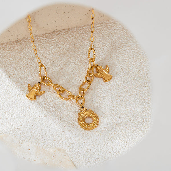 Women's Titanium Stainless Steel Pendant Necklace with Angel Charms - Elegant Gold Finish, Hypoallergenic and Durable-Women's Necklace-SunnyHouse Jewelry