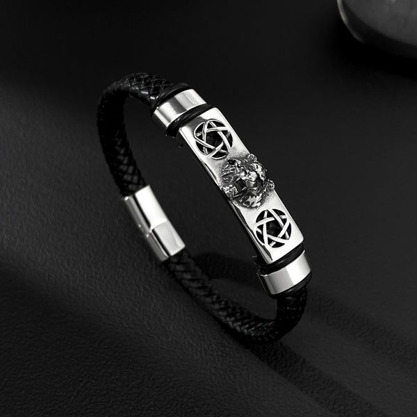 Men’s Lion Head Bracelet – Titanium Stainless Steel & Black Braided Leather Bracelet – Bold Viking-Inspired Jewelry for Men-Men's Bracelet-SunnyHouse Jewelry