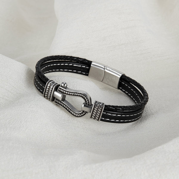 Men's Nautical Leather Bracelet with Stainless Steel Carabiner Clasp - Adventurous and Rugged Accessory-Men's Bracelet-SunnyHouse Jewelry