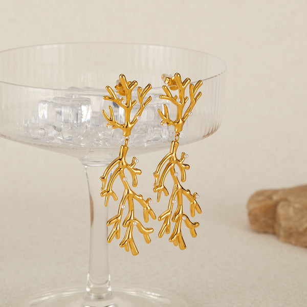 Women’s Gold Coral Branch Pearl Drop Earrings – Ocean-Inspired Long Dangle Earrings with Simulated Pearls, Statement Jewelry for Women and Girls-Women's Earrings-SunnyHouse Jewelry