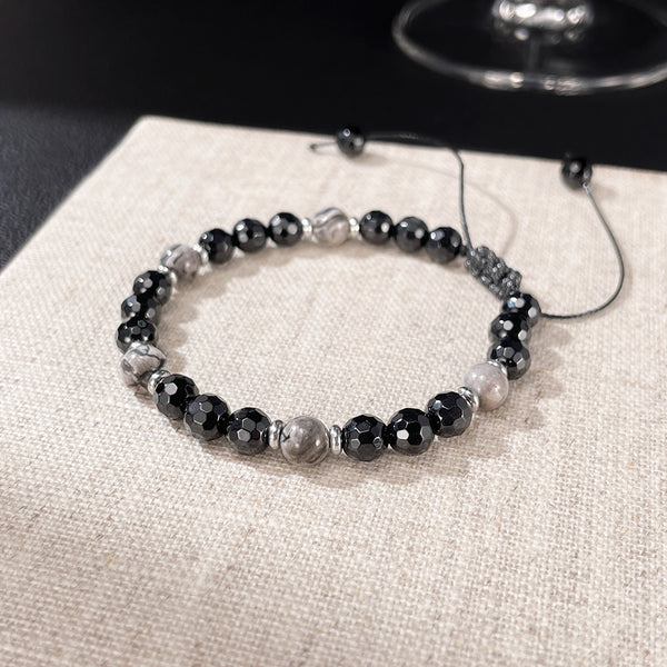 Men’s Beaded Bracelet – Adjustable Black Faceted Beads with Green Natural Stone Accents – Handmade Braided Cord, Stylish and Comfortable Jewelry for Men-Men's Bracelet-SunnyHouse Jewelry