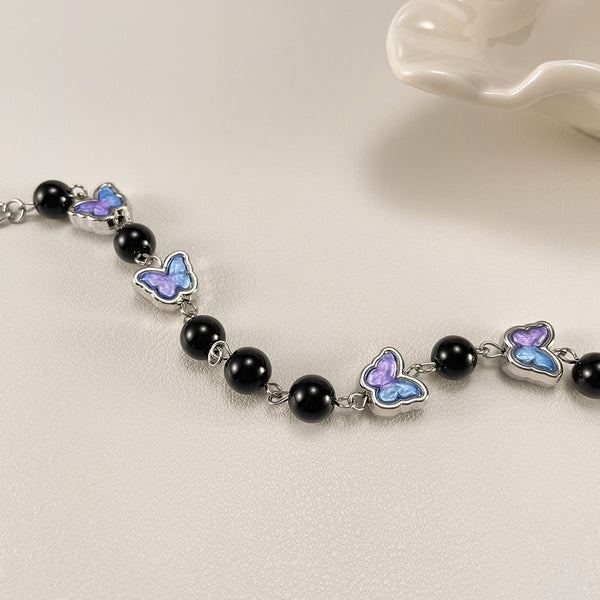 Stylish Women's Stainless Steel Chain Necklace with Black Pearls and Butterfly Charms – Unique, Fashionable Accessory-Women's Necklace-SunnyHouse Jewelry