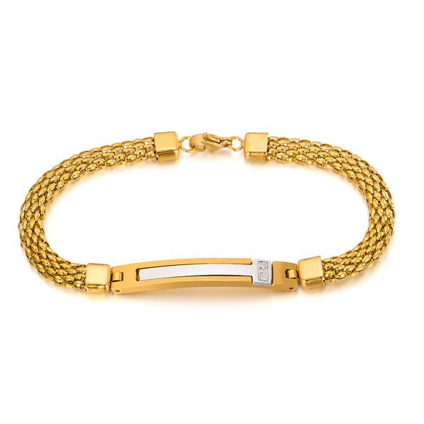 Men’s Titanium Stainless Steel Bracelet – Gold Plated Woven Chain with White Inlay & CZ Accent – Durable, Stylish & Hypoallergenic Jewelry for Men-Men's Bracelet-SunnyHouse Jewelry